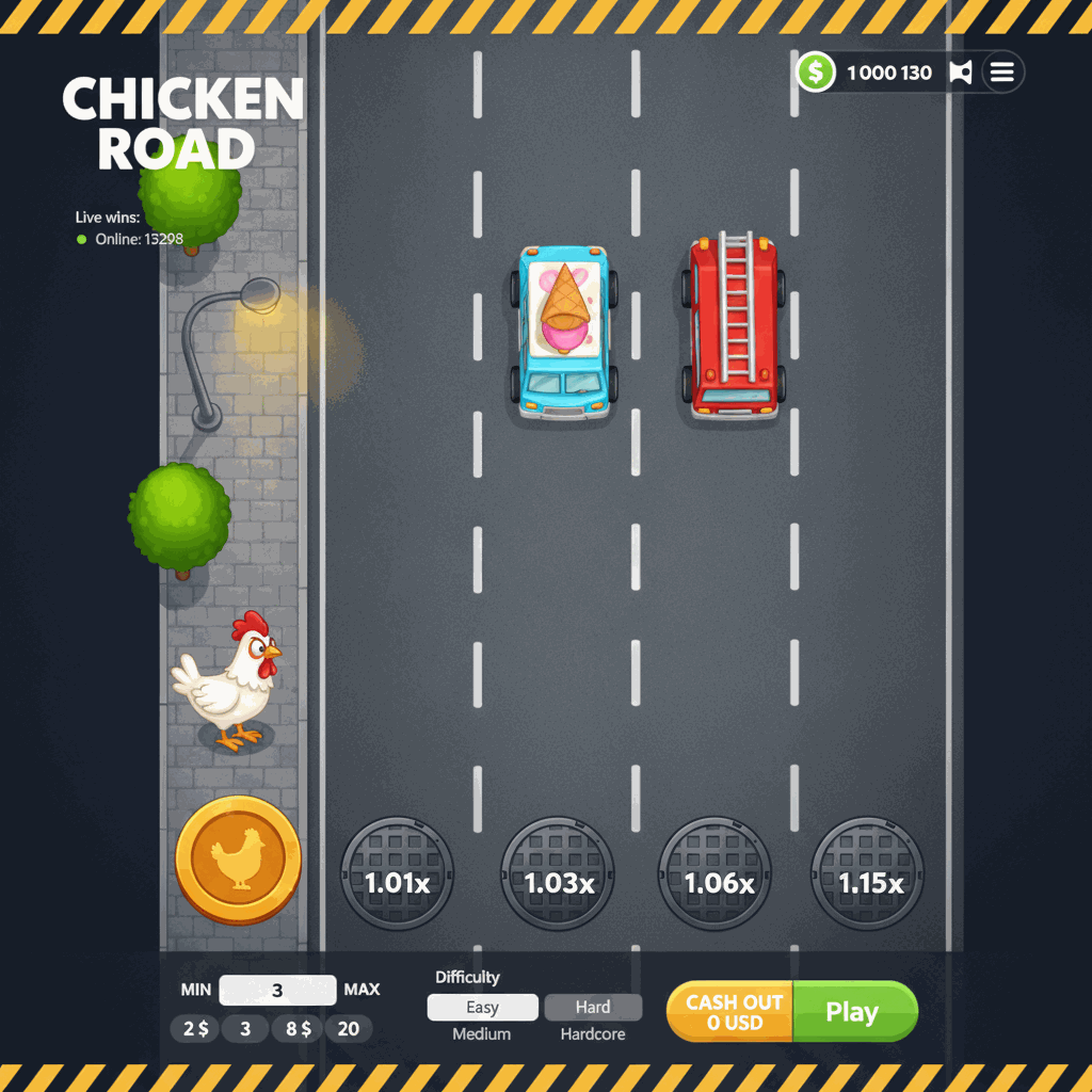 Chicken Road Crash-Spiel von InOut – Draufsicht auf mehrspurige Straße mit Cartoon-Huhn am Straßenrand, Fahrspuren mit Multiplikator-Markierungen, dunkler Asphalt mit weißen Linien, urbane Umgebung mit Bäumen und Straßenlaterne