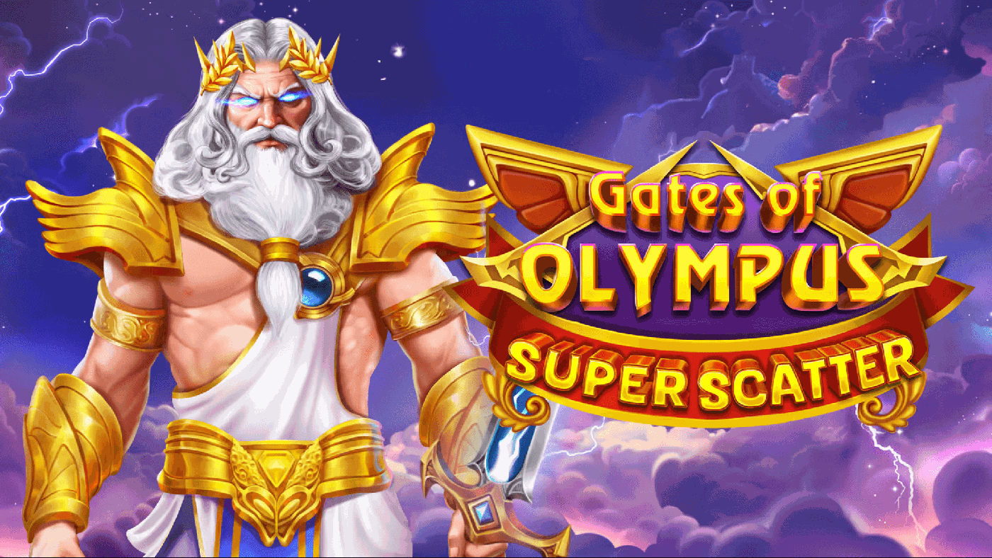 Skizzenhafte Ansicht des Olymp mit Zeus in goldener R&uuml;stung vor rosafarbenen Wolken, daneben das 6x5-Feld von Gates of Olympus Super Scatter mit gr&uuml;nem Erdglobus, violettem Kristall und goldenen M&uuml;nzen 5X und 50X